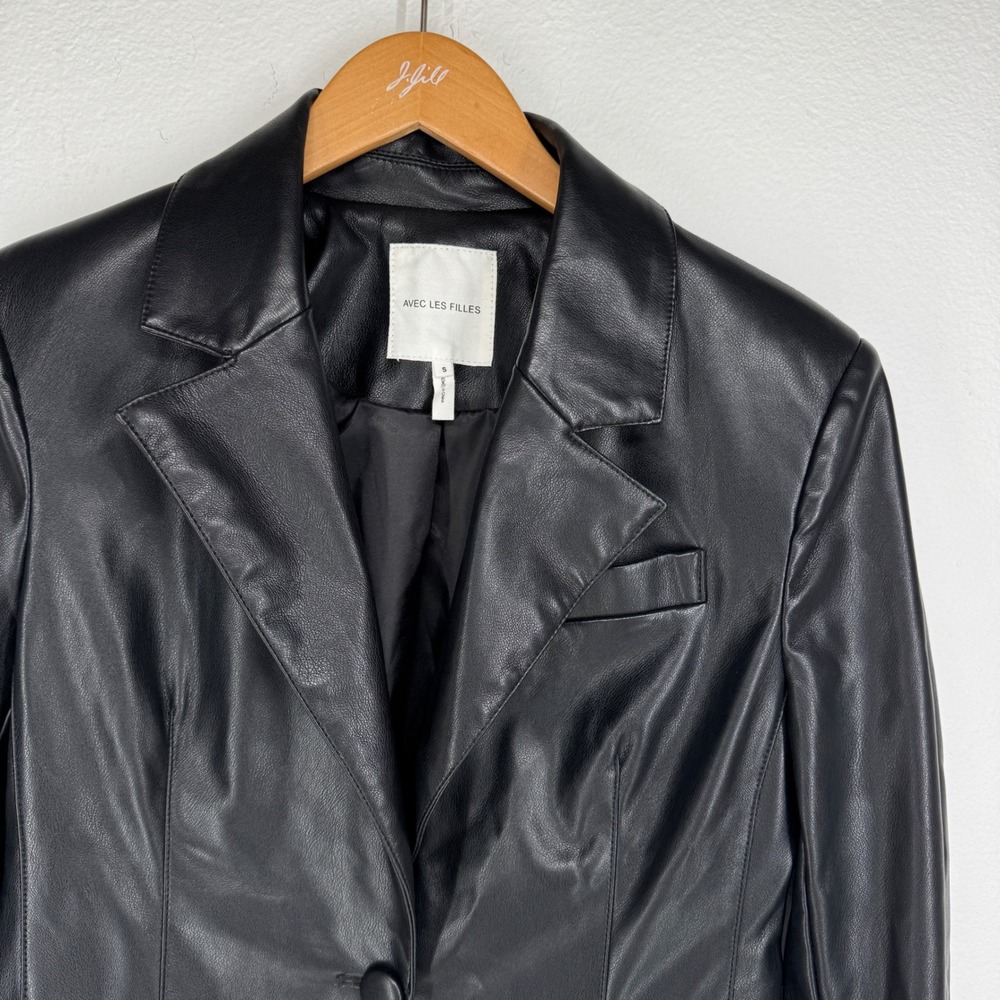 Avec Les Filles Womens Black Faux Vegan Leather Tailored Blazer Jacket Oversized - Picture 5 of 7